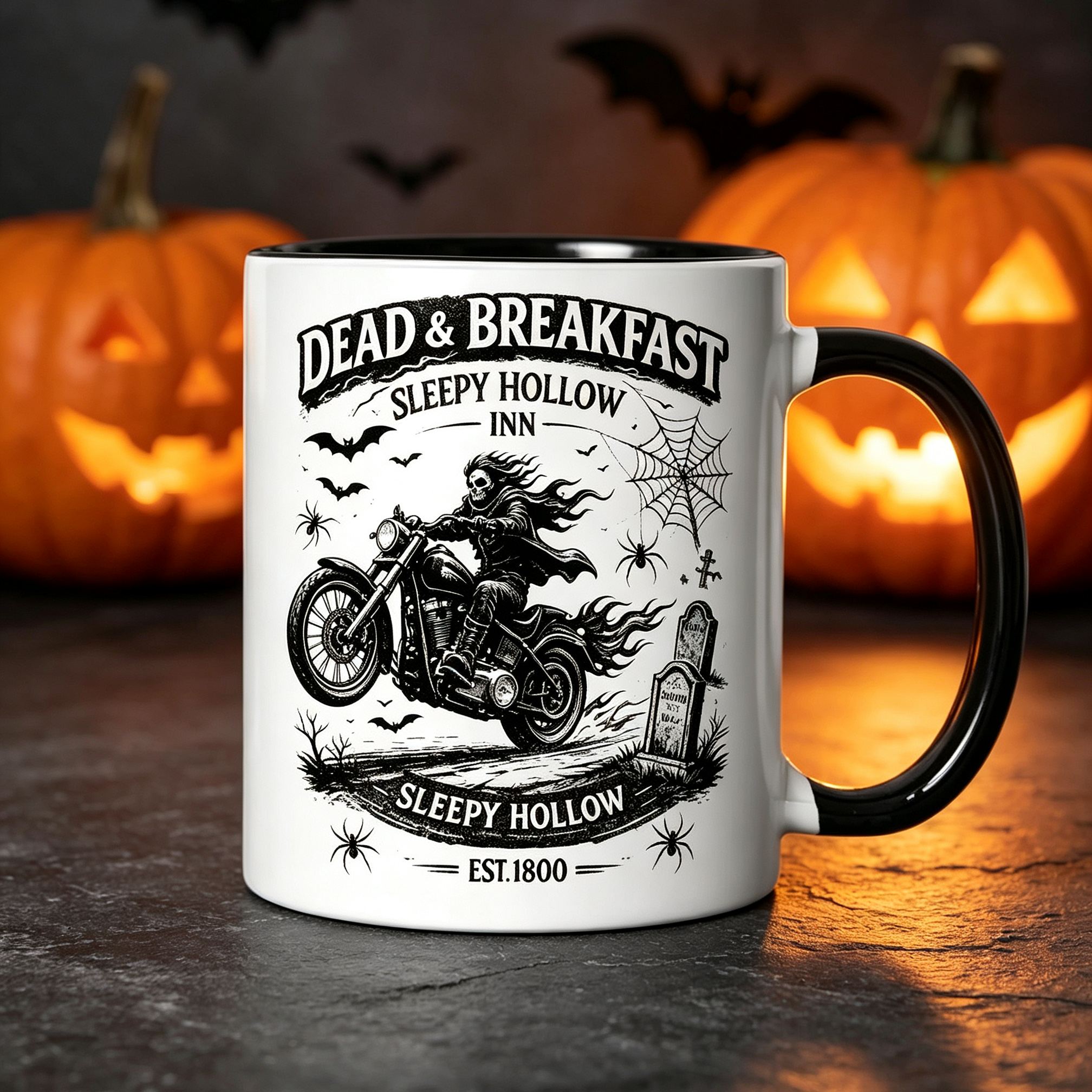 [Copy]Sleepy Hollow Inn Dead Breakfast Halloween Coffee Mug, Headless Horseman Motorcycle Black Handle Ceramic Cup