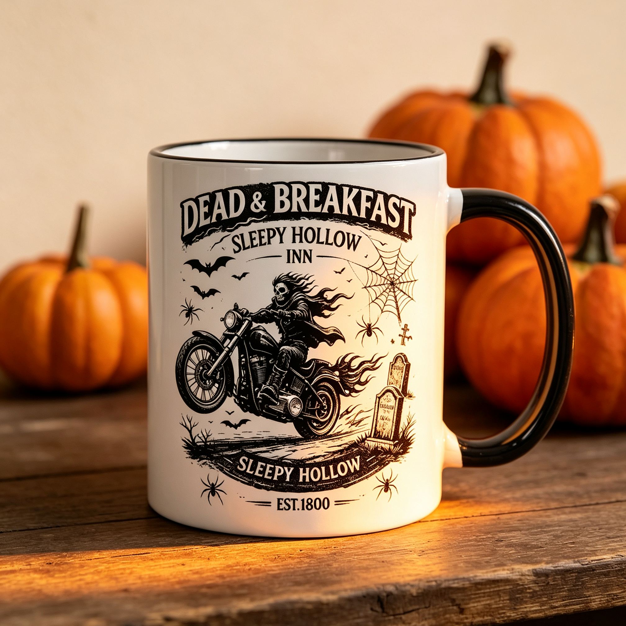 [Copy]Sleepy Hollow Inn Dead Breakfast Halloween Coffee Mug, Headless Horseman Motorcycle Black Handle Ceramic Cup