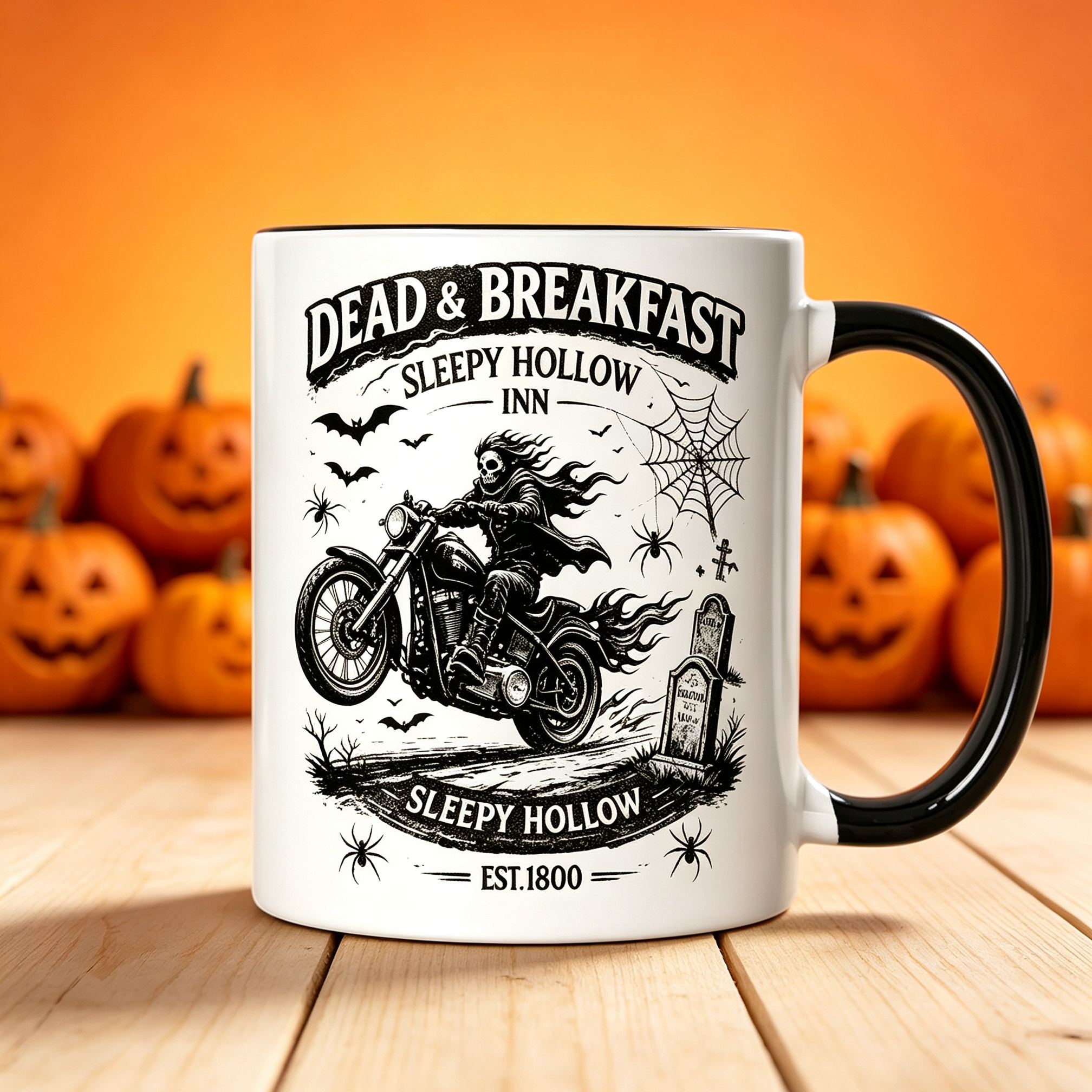 [Copy]Sleepy Hollow Inn Dead Breakfast Halloween Coffee Mug, Headless Horseman Motorcycle Black Handle Ceramic Cup