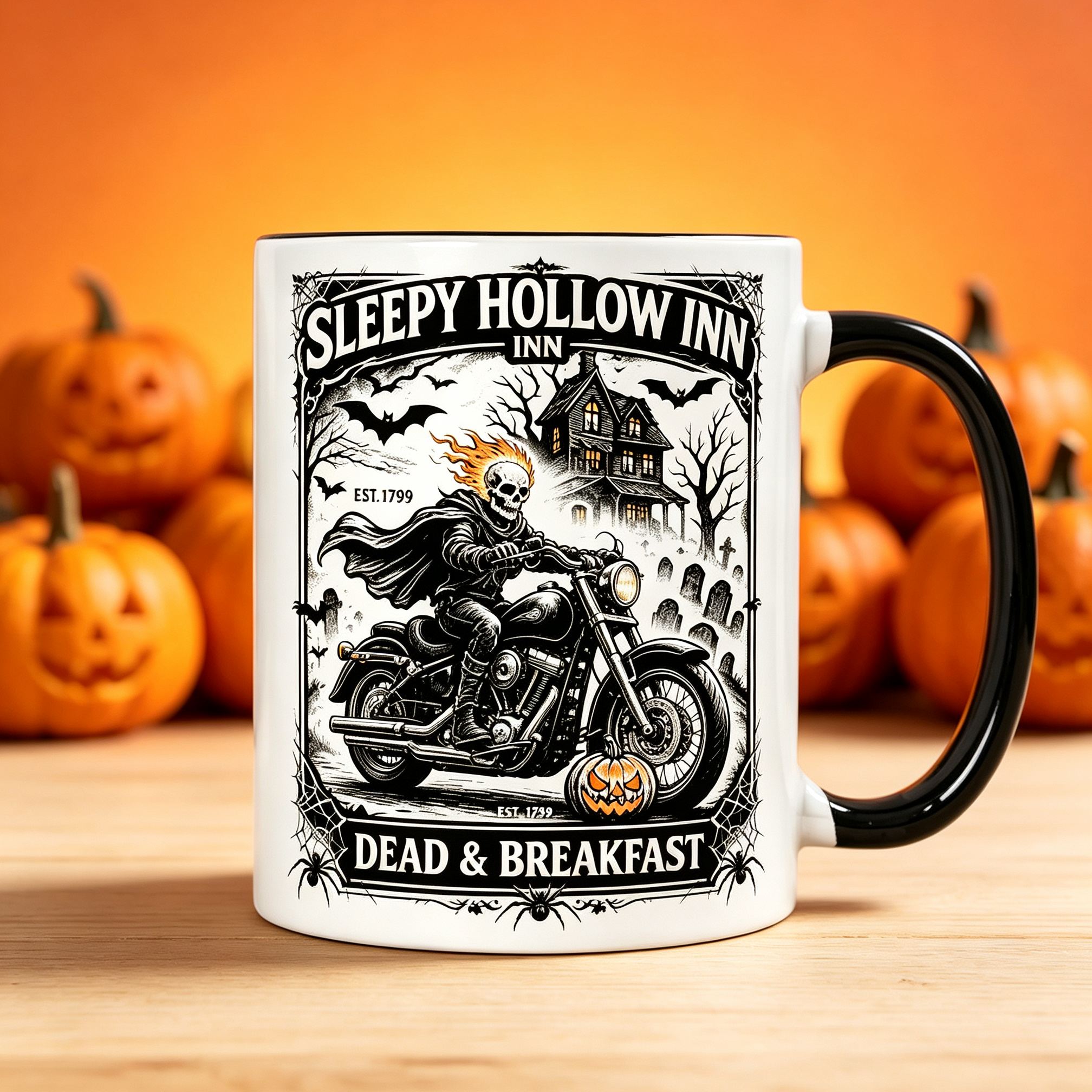 [Copy]Dead & Breakfast Sleepy Hollow Inn Halloween Coffee Mug, Headless Horseman Motorcycle Two-Tone Black Handle Ceramic Cup, Halloween Gift Mug for Biker Horror Fans