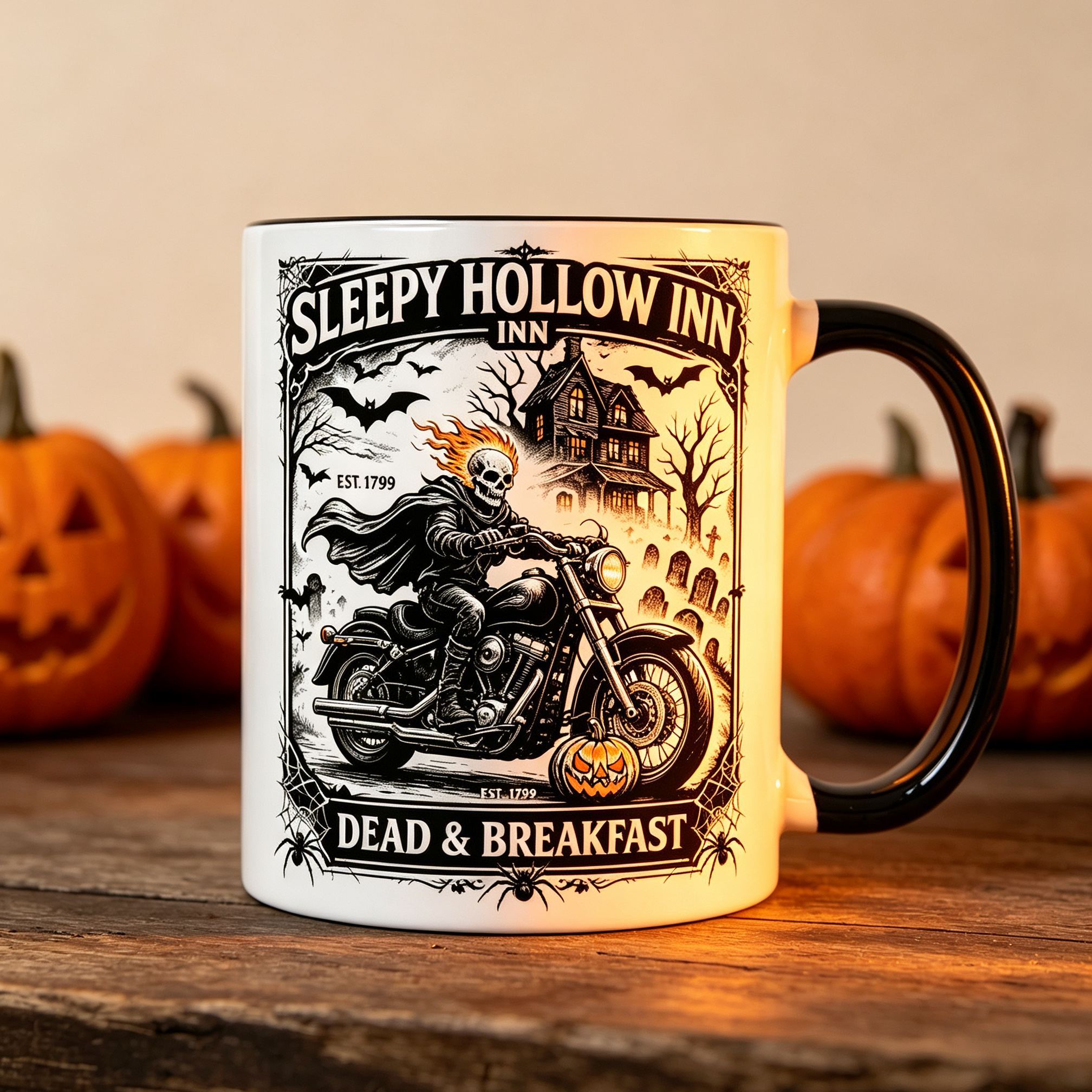[Copy]Dead & Breakfast Sleepy Hollow Inn Halloween Coffee Mug, Headless Horseman Motorcycle Two-Tone Black Handle Ceramic Cup, Halloween Gift Mug for Biker Horror Fans
