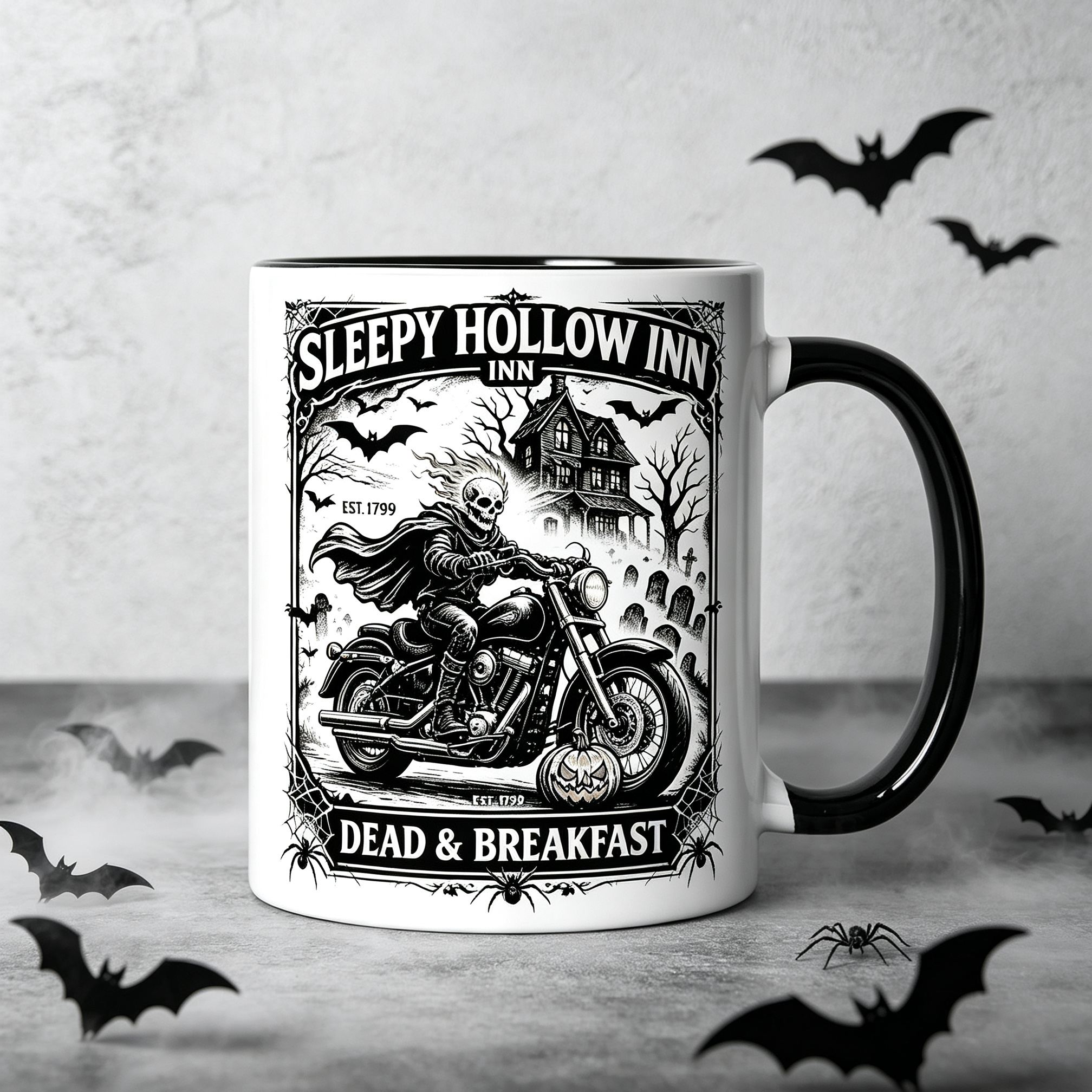 [Copy]Dead & Breakfast Sleepy Hollow Inn Halloween Coffee Mug, Headless Horseman Motorcycle Two-Tone Black Handle Ceramic Cup, Halloween Gift Mug for Biker Horror Fans