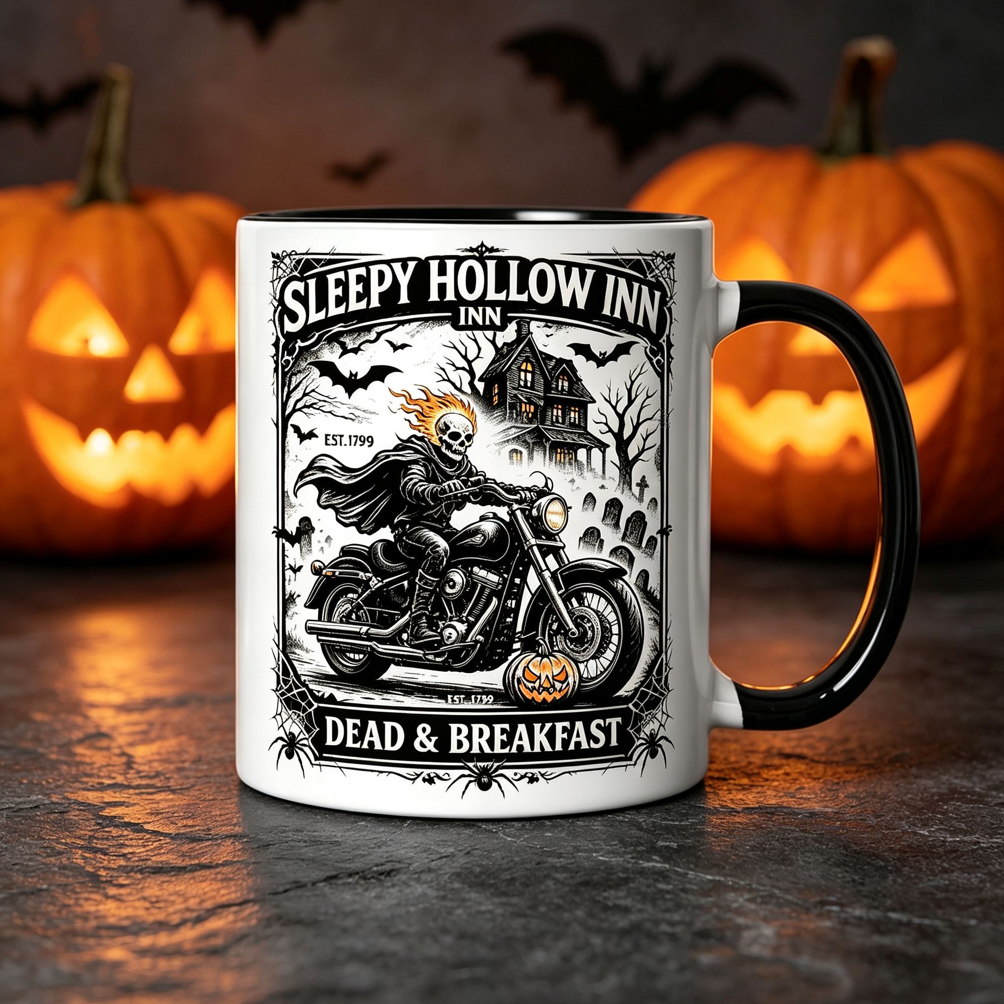[Copy]Dead & Breakfast Sleepy Hollow Inn Halloween Coffee Mug, Headless Horseman Motorcycle Two-Tone Black Handle Ceramic Cup, Halloween Gift Mug for Biker Horror Fans