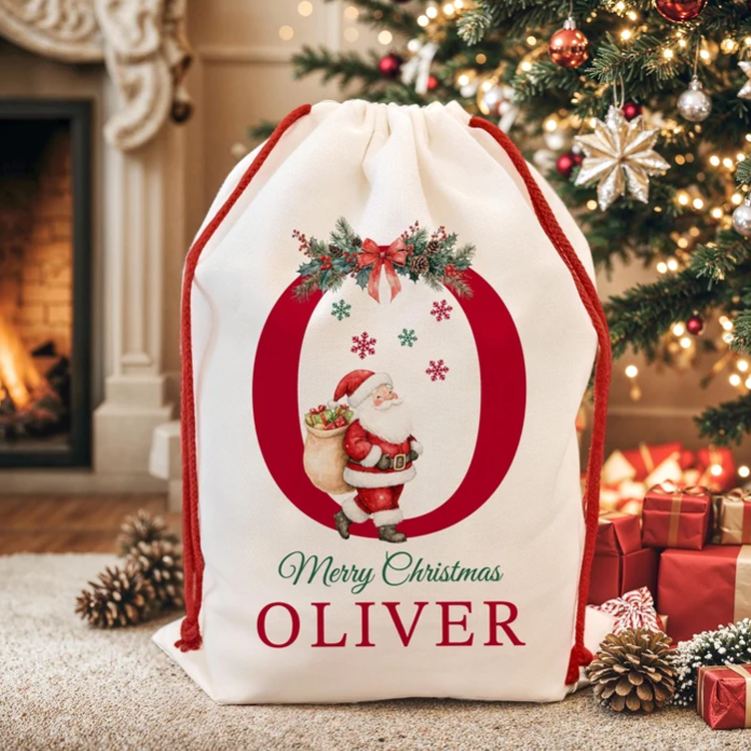 Personalized Santa Christmas Sack Custom Initial Name Christmas Sacks Large Letter Christmas Eve Bag Christmas Gift Bag