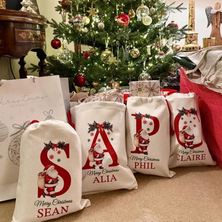 Personalized Santa Christmas Sack Custom Initial Name Christmas Sacks Large Letter Christmas Eve Bag Christmas Gift Bag