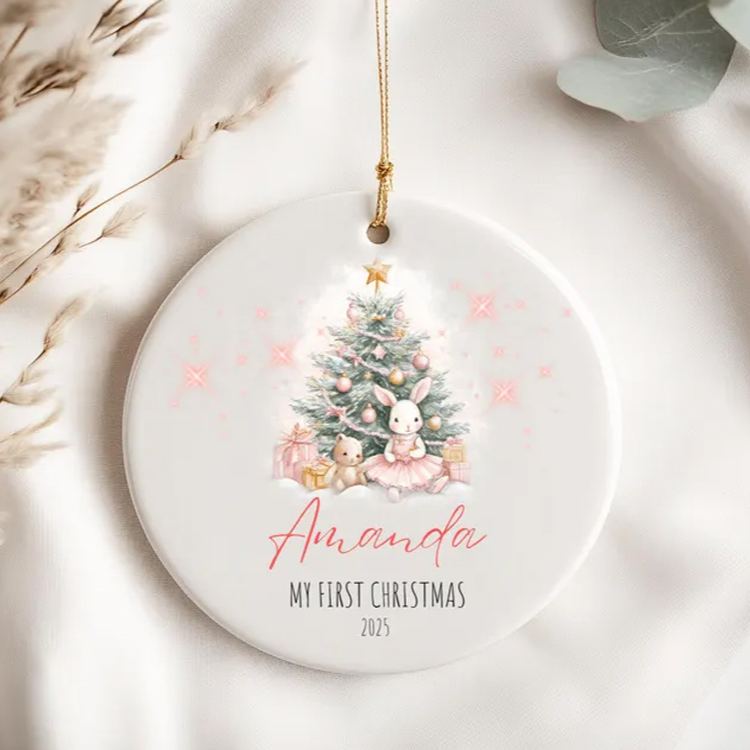Personalized Elegant Christmas Tree and Bunny Ornament with Custom Name and Date for Cherished Holiday Memories Christmas Ornament