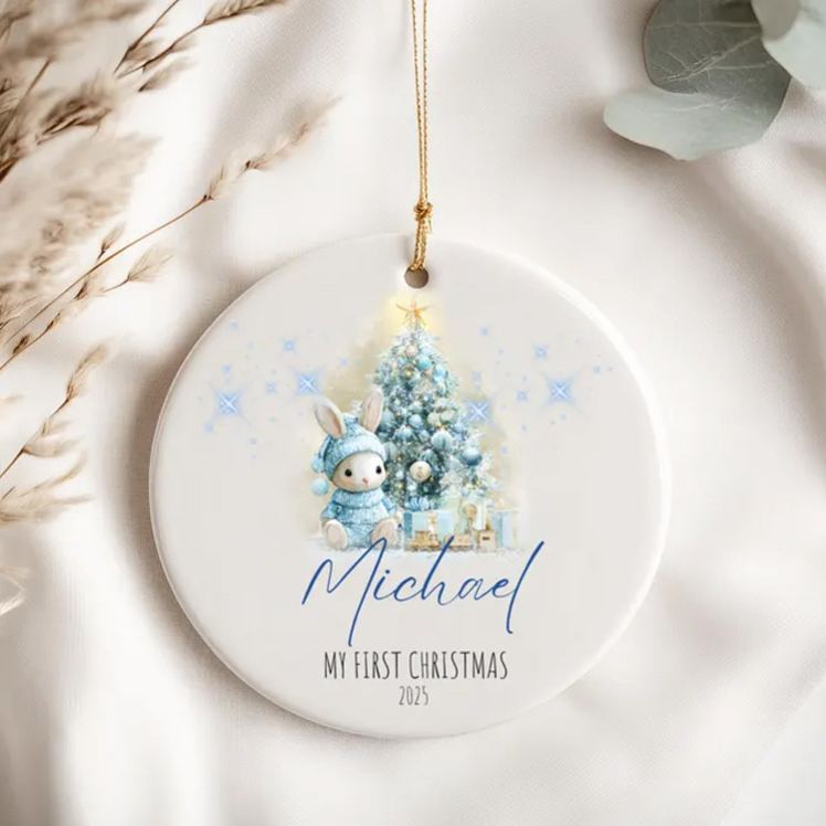 Personalized Elegant Christmas Tree and Bunny Ornament with Custom Name and Date for Cherished Holiday Memories Christmas Ornament