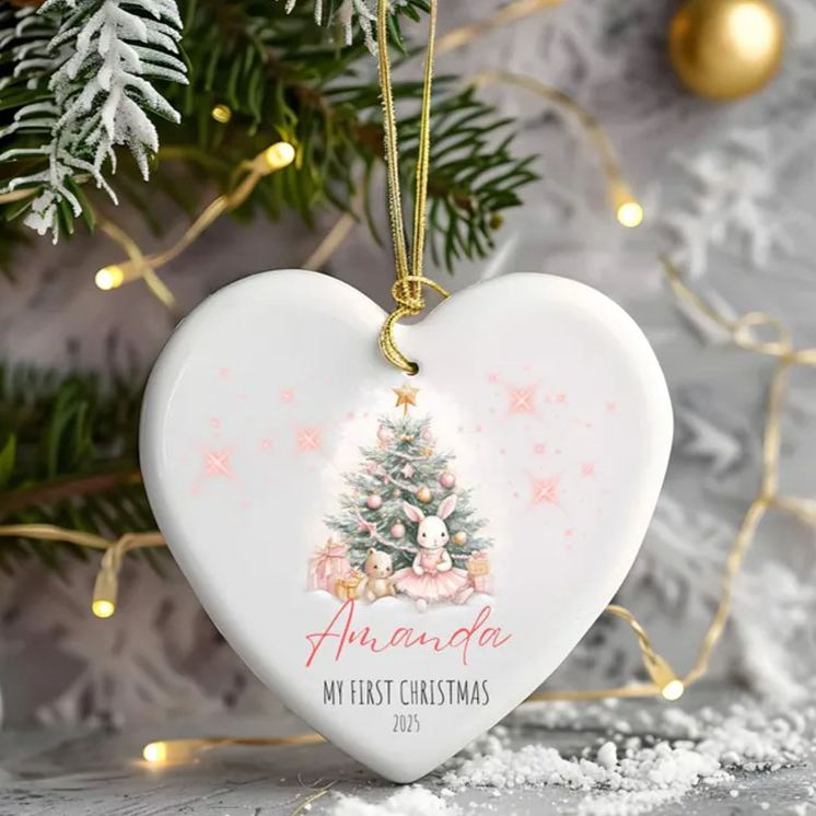 Personalized Elegant Christmas Tree and Bunny Ornament with Custom Name and Date for Cherished Holiday Memories Christmas Ornament