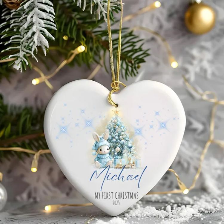 Personalized Elegant Christmas Tree and Bunny Ornament with Custom Name and Date for Cherished Holiday Memories Christmas Ornament