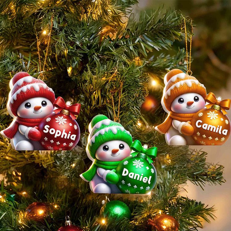 Personalized Name Cartoon Snowman Holding Christmas Ball Ornament Multicolor Christmas Tree Hanging Decor Christmas Gift for Kids Family Friends