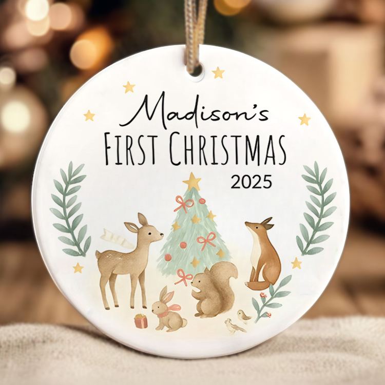 Personalized First Christmas Baby Ornament Gift Woodland Creatures Ceramic Christmas Ornament Holiday Keepsake Ornament