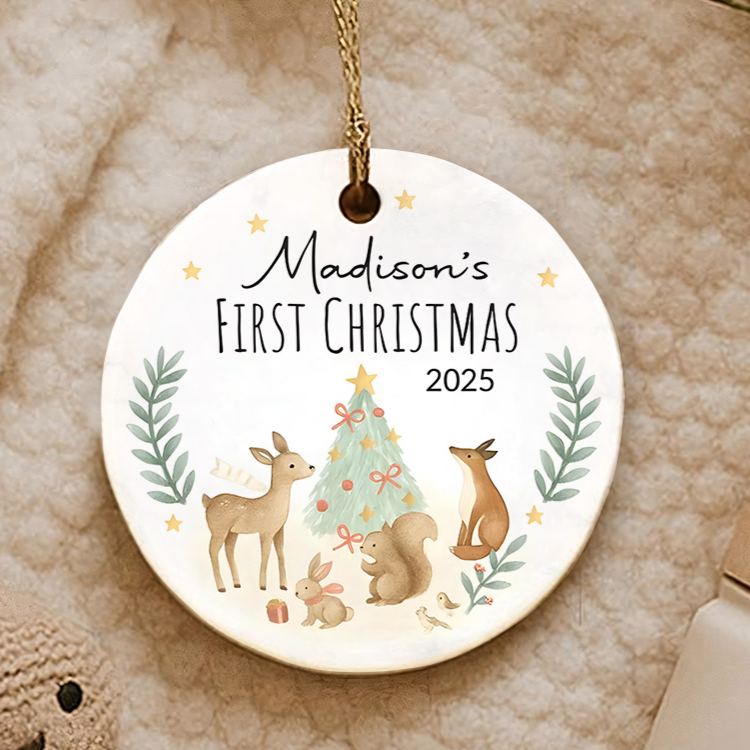 Personalized First Christmas Baby Ornament Gift Woodland Creatures Ceramic Christmas Ornament Holiday Keepsake Ornament