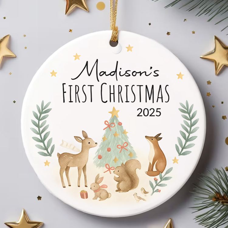 Personalized First Christmas Baby Ornament Gift Woodland Creatures Ceramic Christmas Ornament Holiday Keepsake Ornament