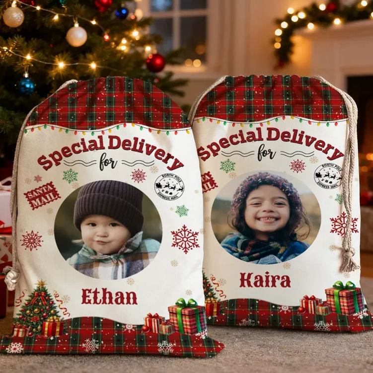 Personalized Christmas Tree Snowflake Checkered Christmas Gift Bag with Name and Photo Christmas Gift for Boys Girls