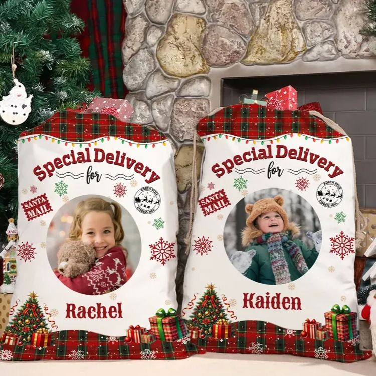 Personalized Christmas Tree Snowflake Checkered Christmas Gift Bag with Name and Photo Christmas Gift for Boys Girls