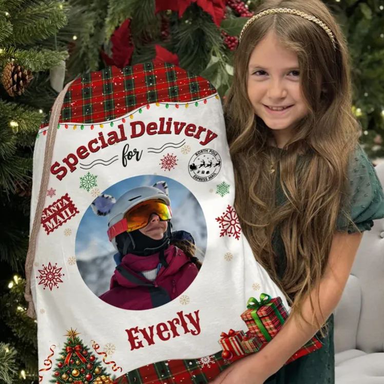 Personalized Christmas Tree Snowflake Checkered Christmas Gift Bag with Name and Photo Christmas Gift for Boys Girls