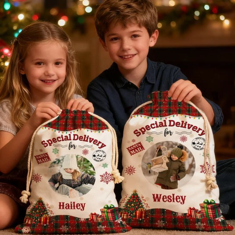 Personalized Christmas Tree Snowflake Checkered Christmas Gift Bag with Name and Photo Christmas Gift for Boys Girls