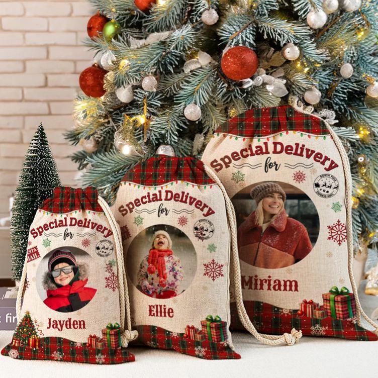 Personalized Christmas Tree Snowflake Checkered Christmas Gift Bag with Name and Photo Christmas Gift for Boys Girls