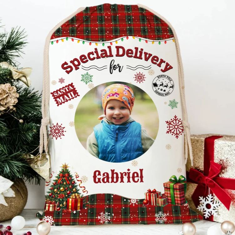 Personalized Christmas Tree Snowflake Checkered Christmas Gift Bag with Name and Photo Christmas Gift for Boys Girls