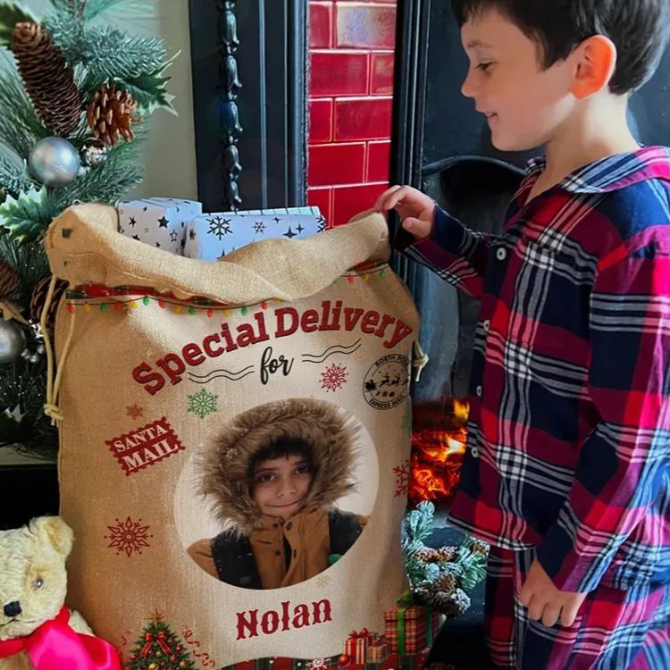Personalized Christmas Tree Snowflake Checkered Christmas Gift Bag with Name and Photo Christmas Gift for Boys Girls