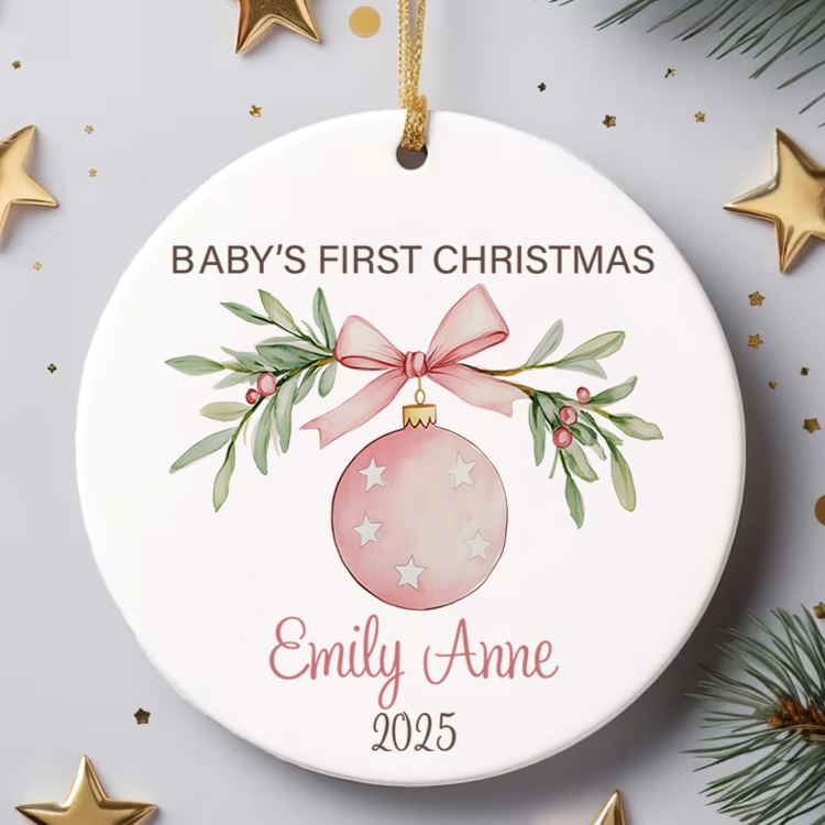 Personalized Cute Pink Decoration Printed with Baby's Name Baby's First Christmas Ornament