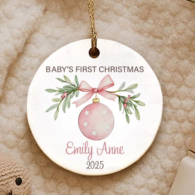 Personalized Cute Pink Decoration Printed with Baby's Name Baby's First Christmas Ornament