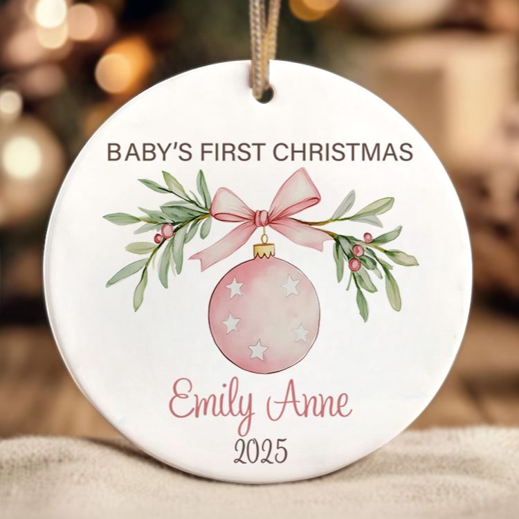 Personalized Cute Pink Decoration Printed with Baby's Name Baby's First Christmas Ornament