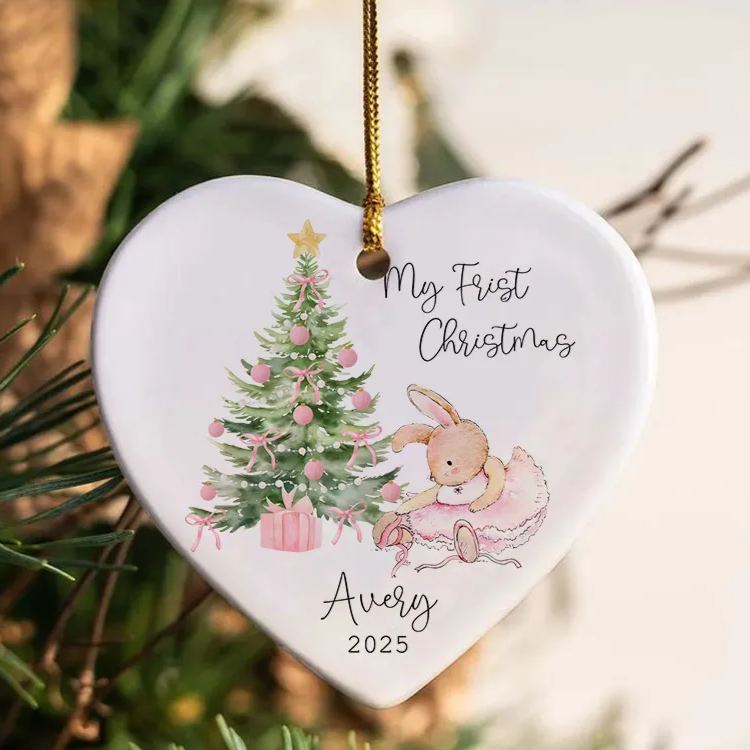 Personalized Heart Shaped Bunny and Tree Baby's First Christmas Ornament