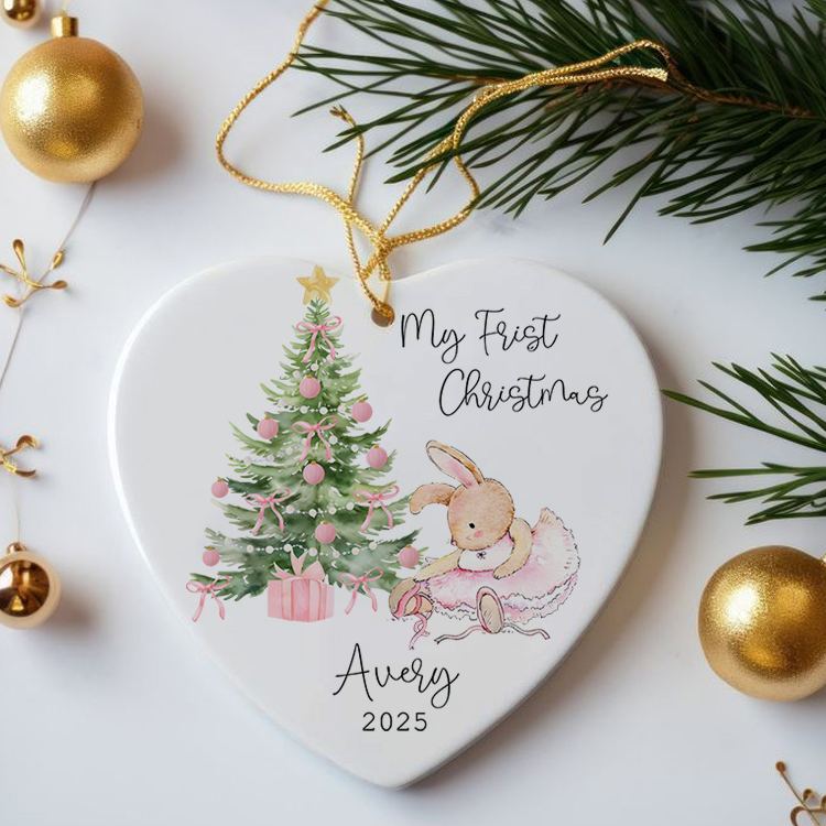 Personalized Heart Shaped Bunny and Tree Baby's First Christmas Ornament