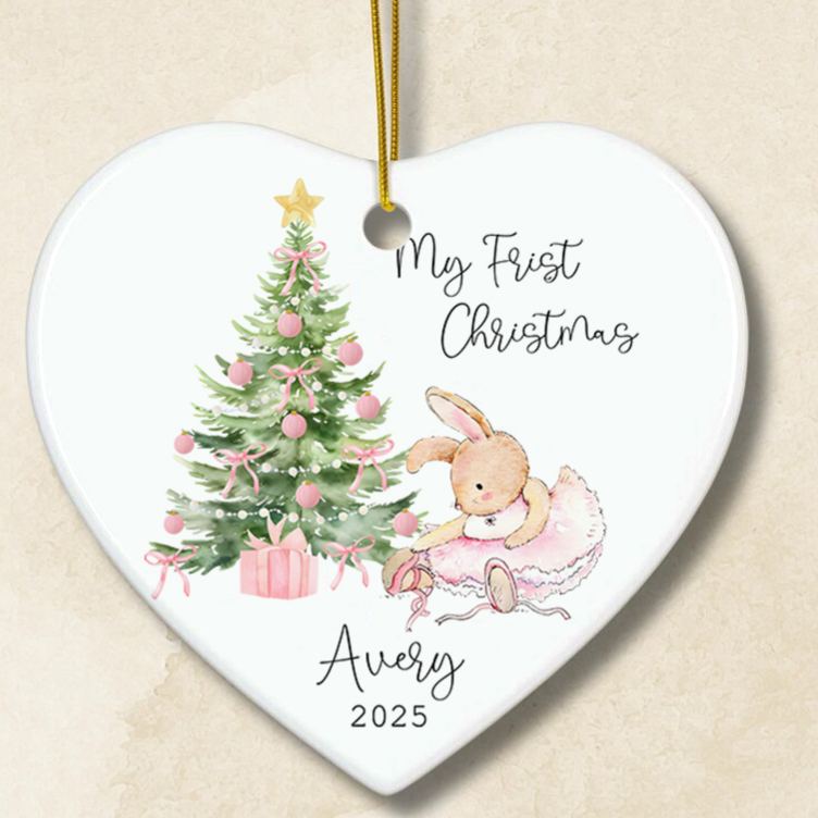 Personalized Heart Shaped Bunny and Tree Baby's First Christmas Ornament