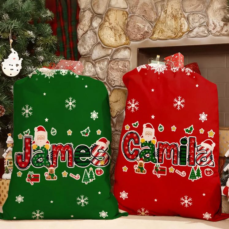 Personalized Santa Claus Elk Christmas Element Alphabet Canvas Drawstring Gift Bag with Name Christmas Gift for Kids