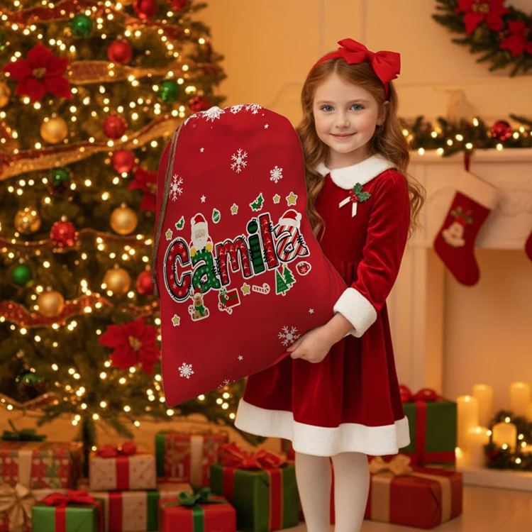 Personalized Santa Claus Elk Christmas Element Alphabet Canvas Drawstring Gift Bag with Name Christmas Gift for Kids