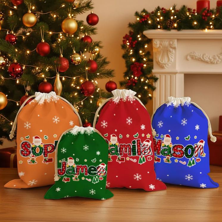Personalized Santa Claus Elk Christmas Element Alphabet Canvas Drawstring Gift Bag with Name Christmas Gift for Kids
