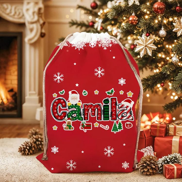 Personalized Santa Claus Elk Christmas Element Alphabet Canvas Drawstring Gift Bag with Name Christmas Gift for Kids