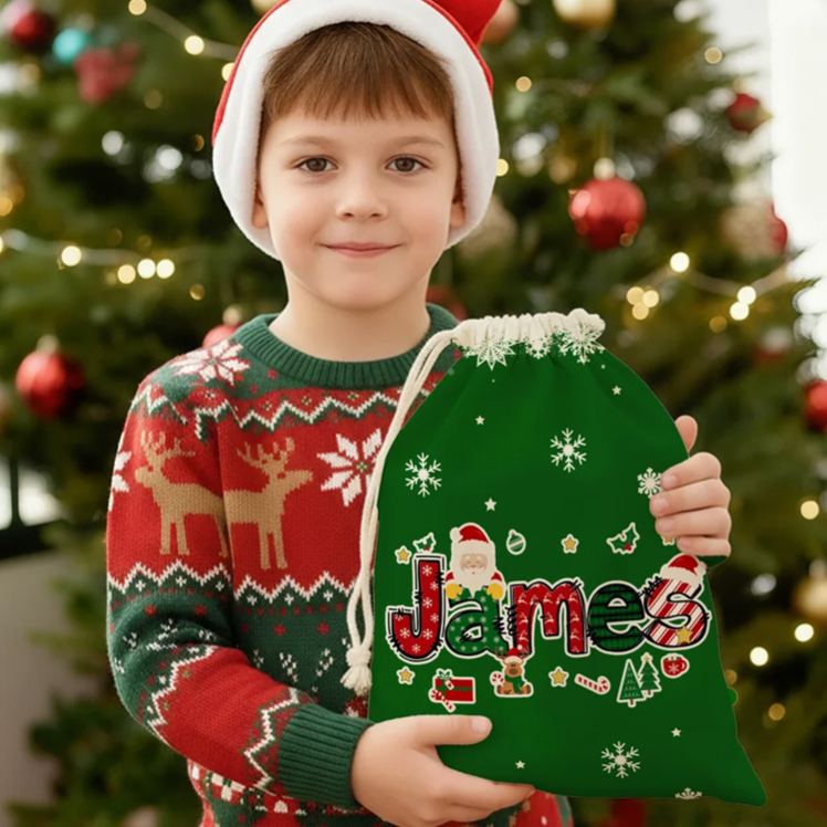 Personalized Santa Claus Elk Christmas Element Alphabet Canvas Drawstring Gift Bag with Name Christmas Gift for Kids