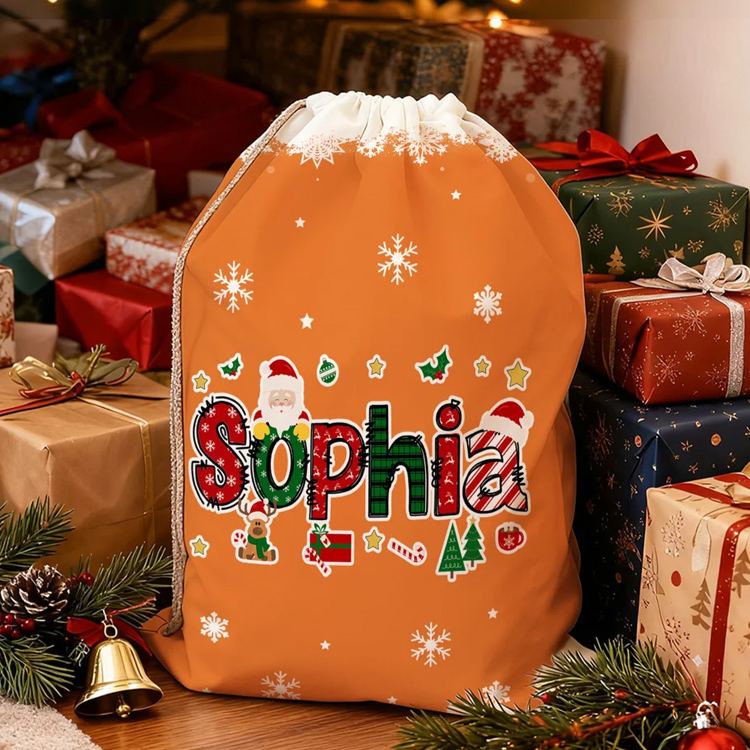 Personalized Santa Claus Elk Christmas Element Alphabet Canvas Drawstring Gift Bag with Name Christmas Gift for Kids