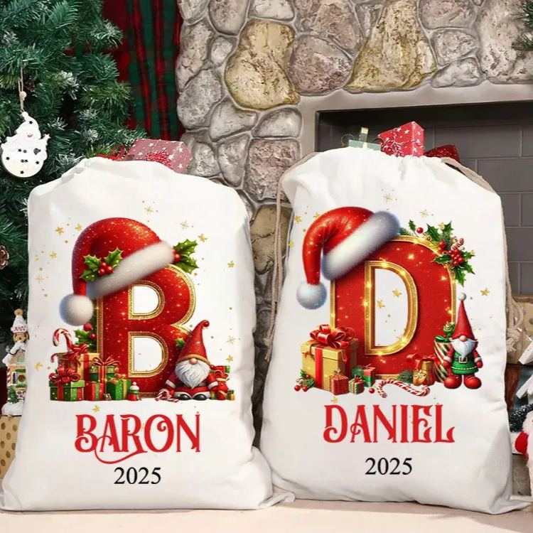 Personalized Festive Initial Christmas Bag with Santa Hat and Custom Name for Joyful Holiday Gift Giving Christmas Bag