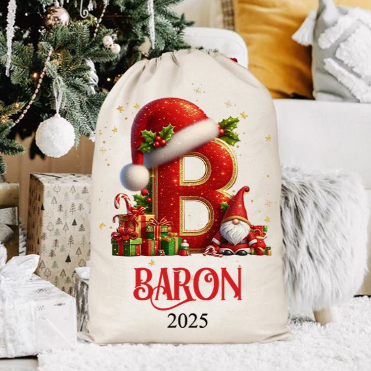 Personalized Festive Initial Christmas Bag with Santa Hat and Custom Name for Joyful Holiday Gift Giving Christmas Bag