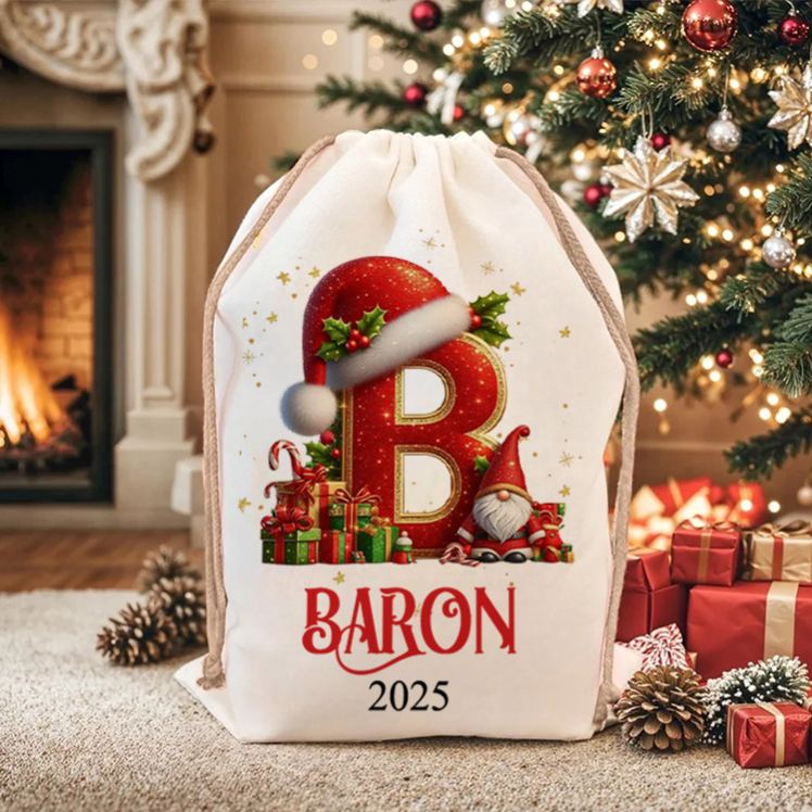 Personalized Festive Initial Christmas Bag with Santa Hat and Custom Name for Joyful Holiday Gift Giving Christmas Bag