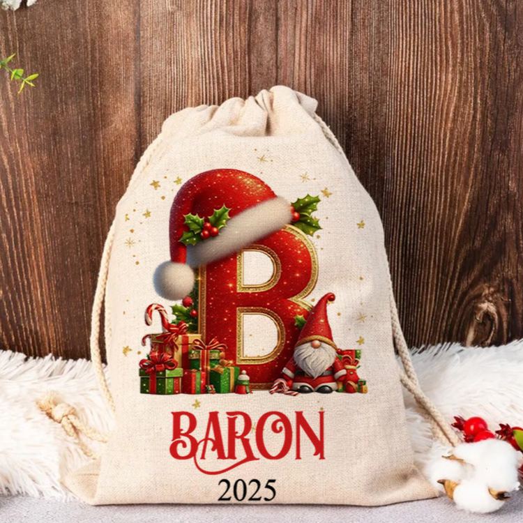 Personalized Festive Initial Christmas Bag with Santa Hat and Custom Name for Joyful Holiday Gift Giving Christmas Bag