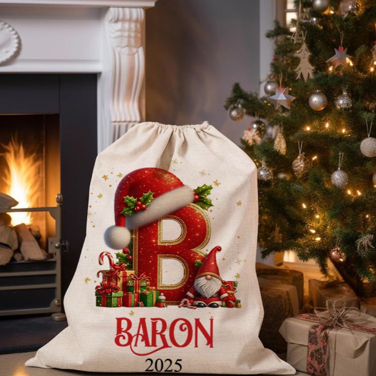 Personalized Festive Initial Christmas Bag with Santa Hat and Custom Name for Joyful Holiday Gift Giving Christmas Bag