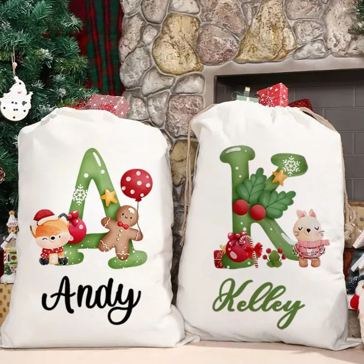 Personalized Christmas Animal Alphabet Linen Drawstring Bag for Gift Wrapping Party Favors