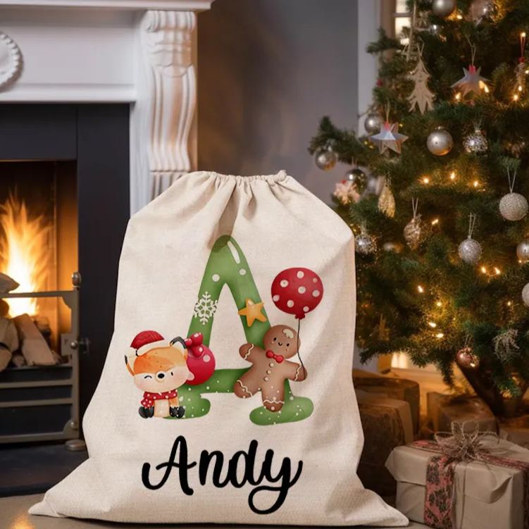 Personalized Christmas Animal Alphabet Linen Drawstring Bag for Gift Wrapping Party Favors