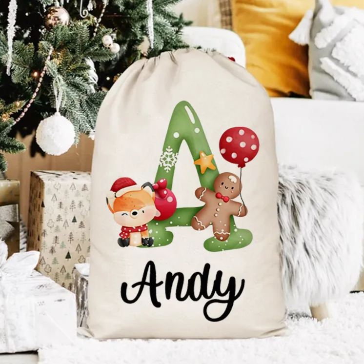 Personalized Christmas Animal Alphabet Linen Drawstring Bag for Gift Wrapping Party Favors