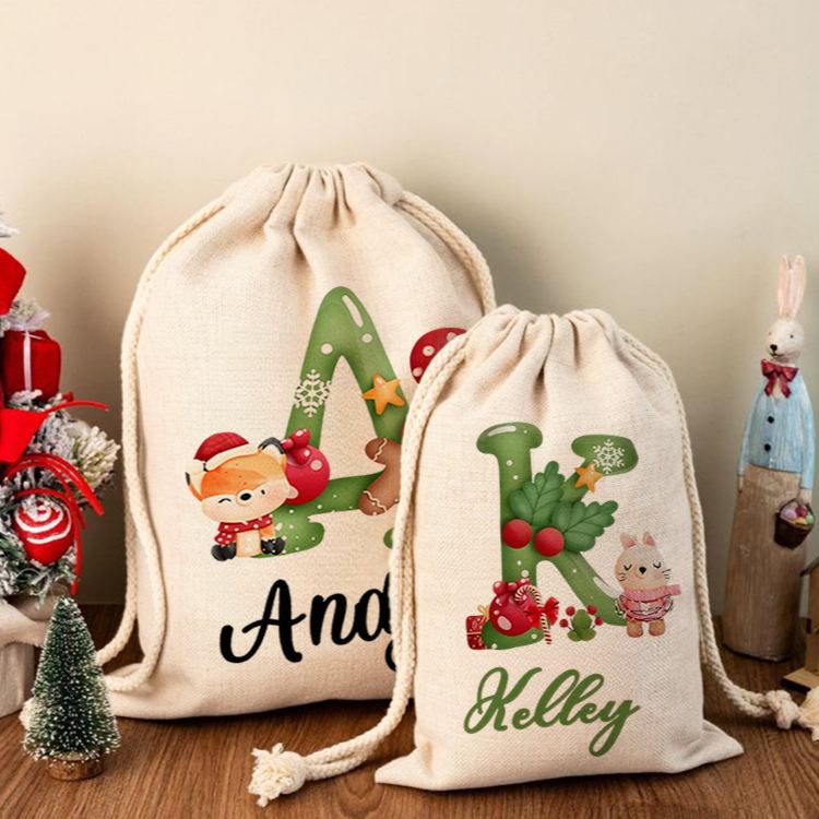 Personalized Christmas Animal Alphabet Linen Drawstring Bag for Gift Wrapping Party Favors