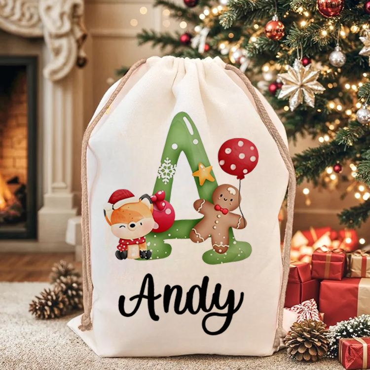 Personalized Christmas Animal Alphabet Linen Drawstring Bag for Gift Wrapping Party Favors