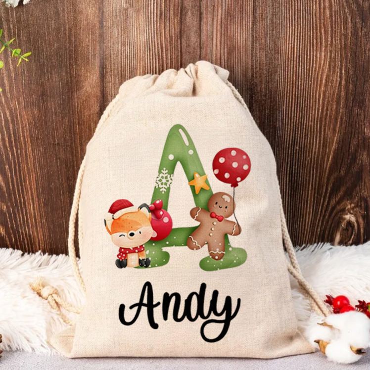 Personalized Christmas Animal Alphabet Linen Drawstring Bag for Gift Wrapping Party Favors