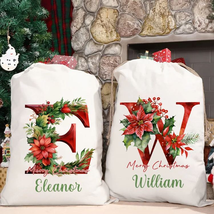 Personalized 3D Floral Initial Christmas Sack Drawstring Treat Bag with Name Christmas Party Favor Gift