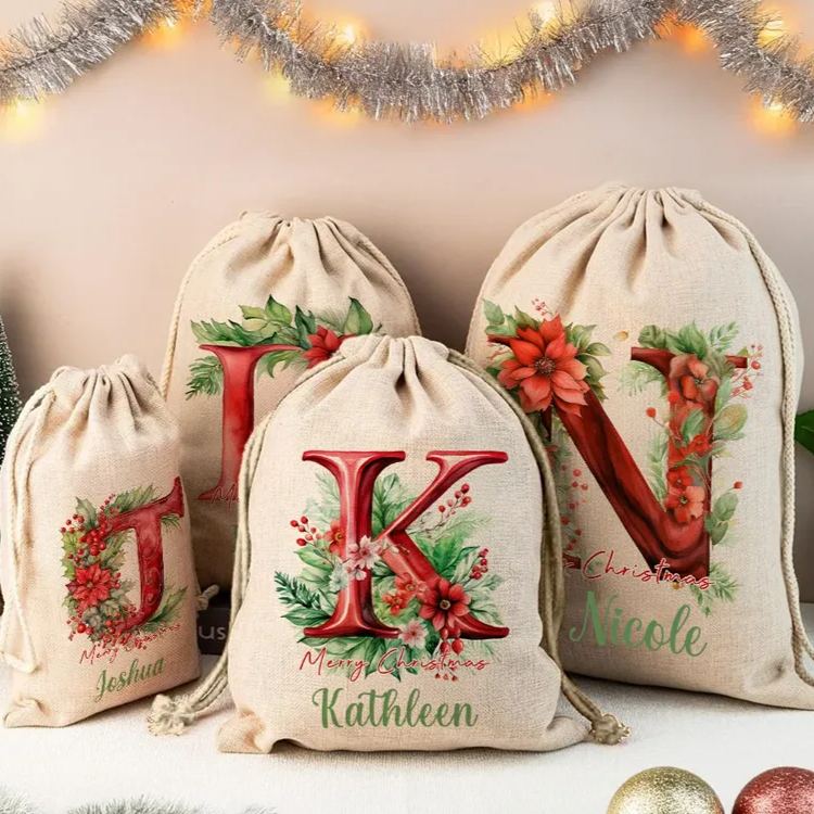 Personalized 3D Floral Initial Christmas Sack Drawstring Treat Bag with Name Christmas Party Favor Gift