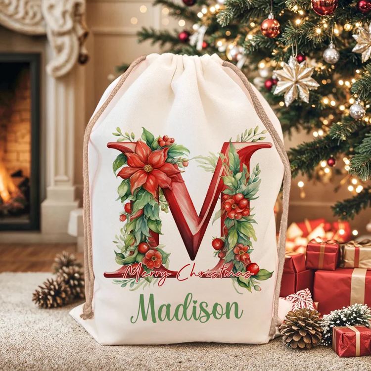 Personalized 3D Floral Initial Christmas Sack Drawstring Treat Bag with Name Christmas Party Favor Gift